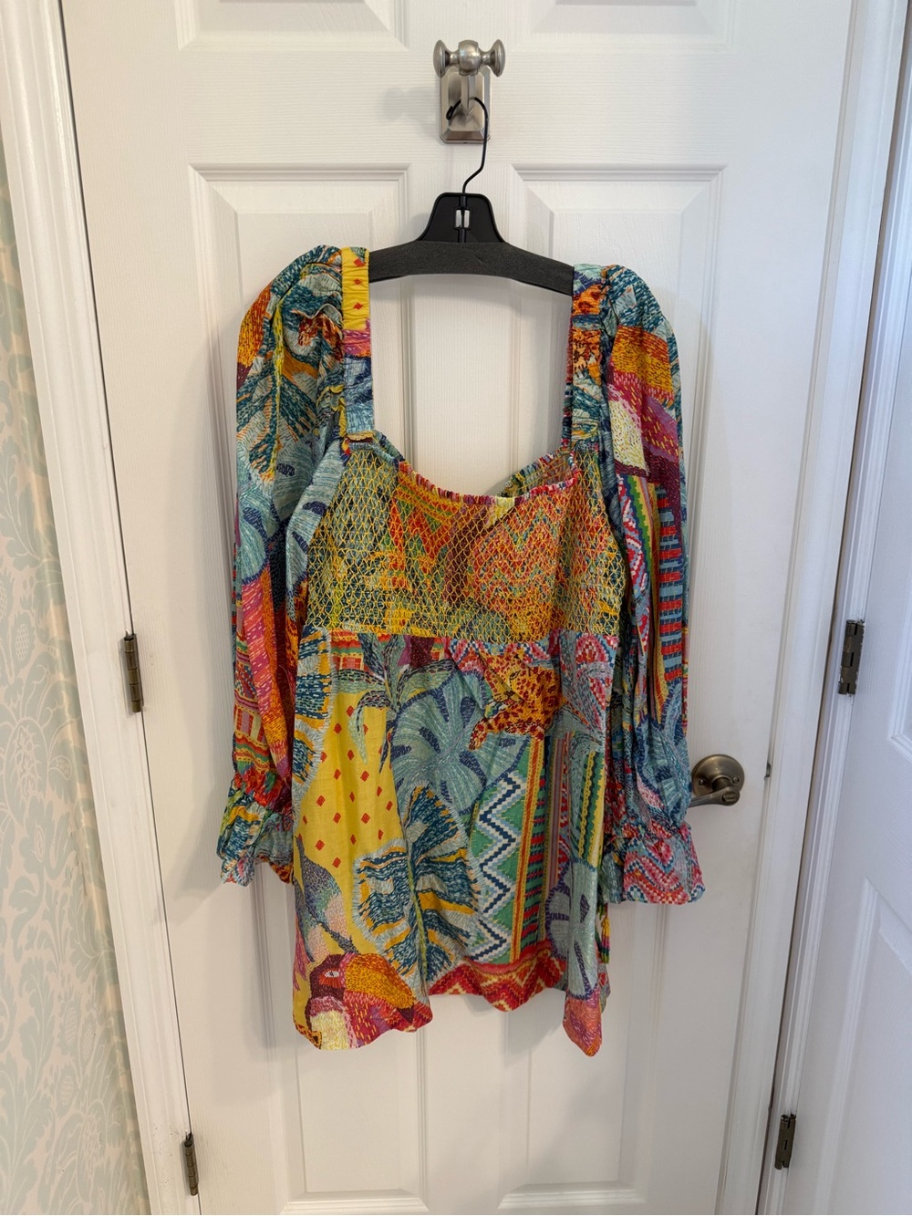 FARM Rio Multicolor Patchwork Mini Dress with Puff Sleeves